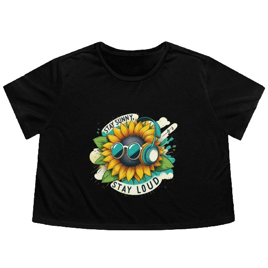 Sunflower with Sunglasses and Headphones Flowy Cropped Tees