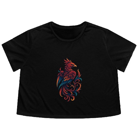 Vibrant Mythical Phoenix Tattoo Design Flowy Cropped Tees