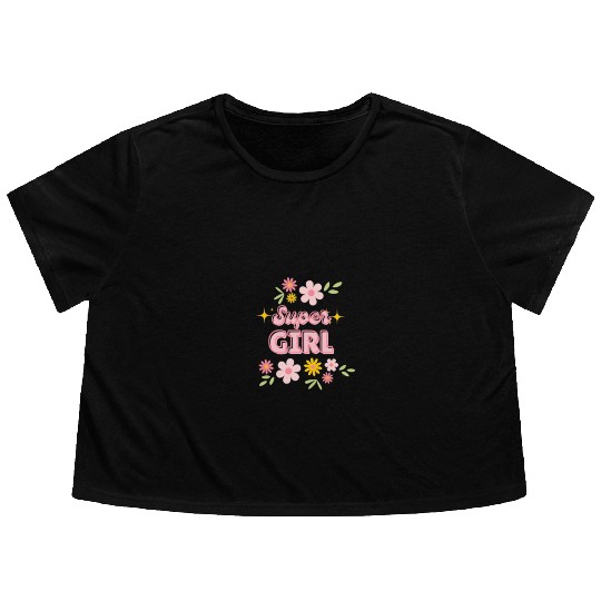 Super Girl Floral Sparkle Design Flowy Cropped Tees