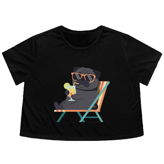 Chill Pug with Sunglasses and Lemonade Flowy Cropped Tees