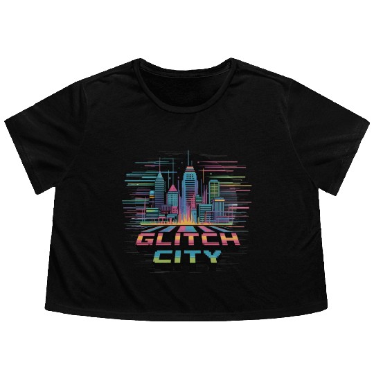 Neon Cyberpunk Cityscape Design Flowy Cropped Tees