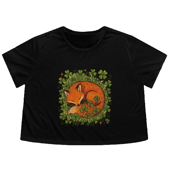 Fox Sleeping in Clover Peaceful Nature Art Flowy Cropped Tees