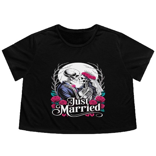Gothic Just Married Skeletons Bride and Groom Flowy Cropped Tees