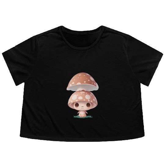 Cute Mushroom Character Illustration Flowy Cropped Tees