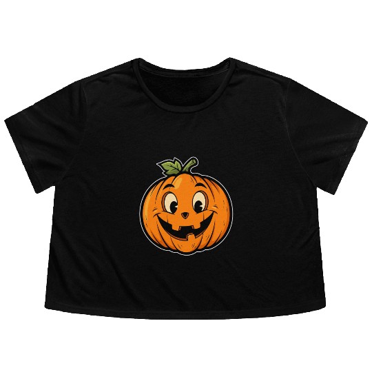 Playful Jack-o'-Lantern Cartoon Design Flowy Cropped Tees
