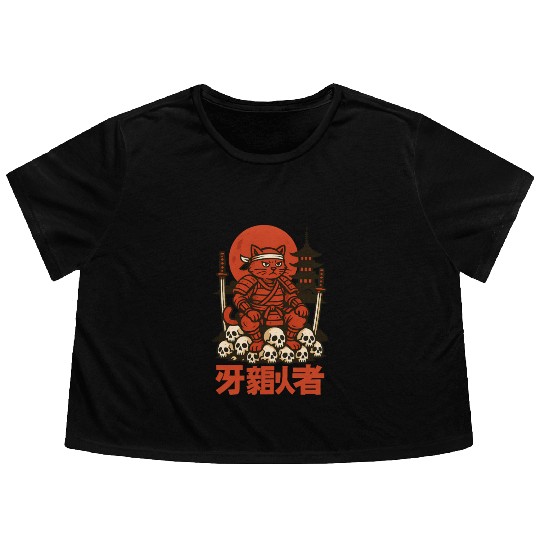 Samurai Cat with Skulls and Pagoda Flowy Cropped Tees