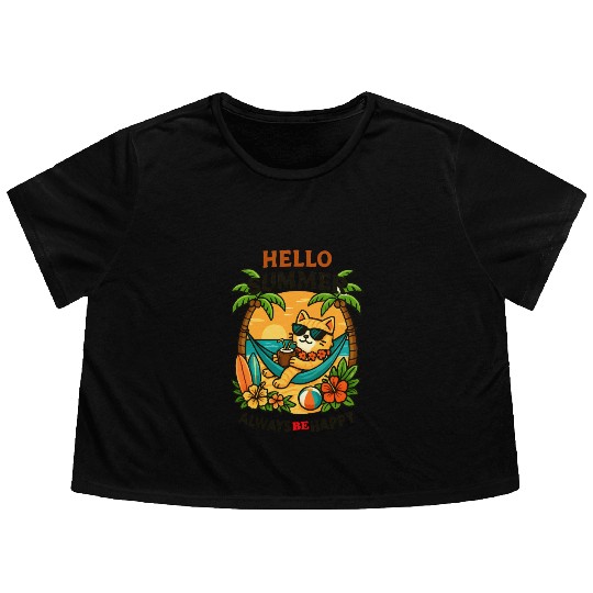 Summer Cat Relaxing in Paradise Flowy Cropped Tees