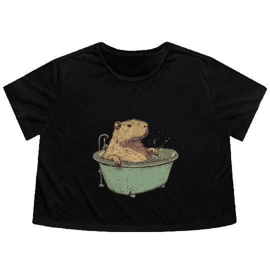 Capybara is Enjoying Its Bathtub Flowy Cropped Tees