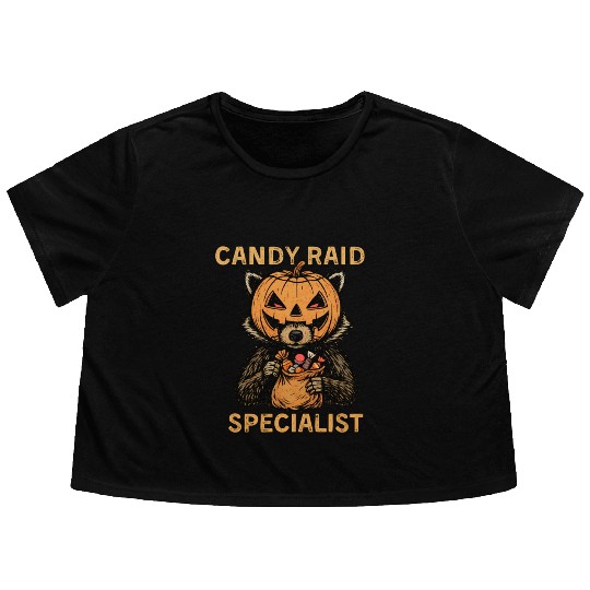 Candy Raid Specialist Halloween Raccoon Pumpkin Flowy Cropped Tees