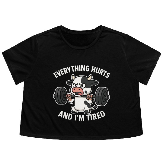 Angry Cow Lifting Weights Humor Flowy Cropped Tees