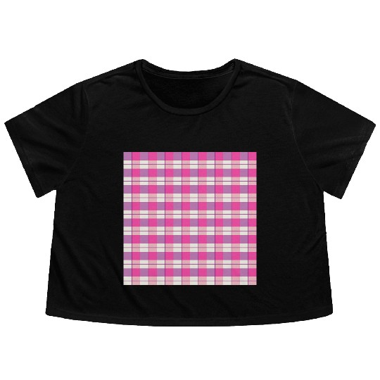 Pink Plaid Pattern for Casual Wear Flowy Cropped Tees