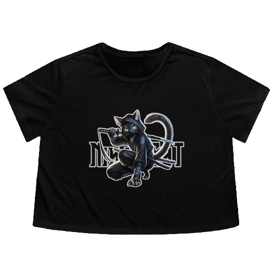 Stealthy Black Cat Ninjutsu Design Flowy Cropped Tees