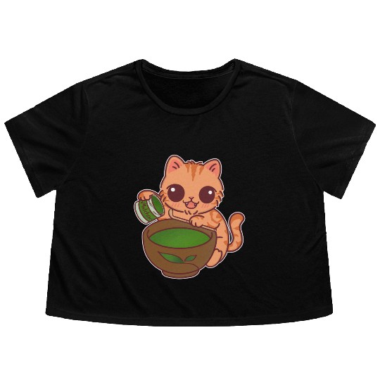 Kawaii Cat Barista Making Matcha Tea Flowy Cropped Tees