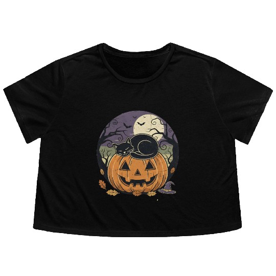 Spooky Cat Nap Pumpkin | Halloween Party Design Flowy Cropped Tees