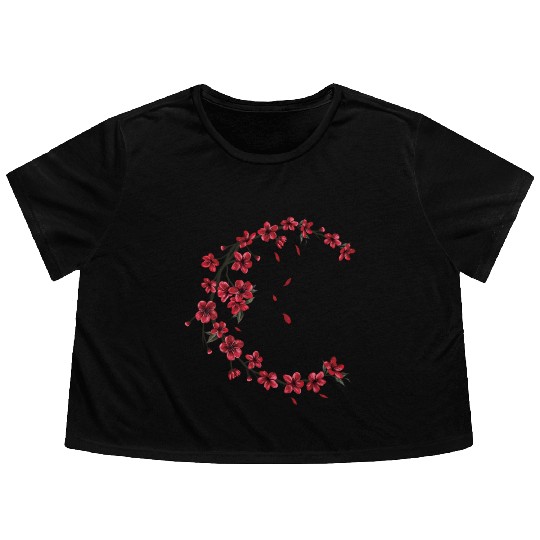 Red Moon Cherry Blossom Sakura Flower Design Flowy Cropped Tees