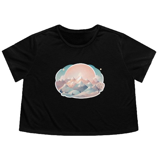 Serene Mountain Range with Sunrise Flowy Cropped Tees
