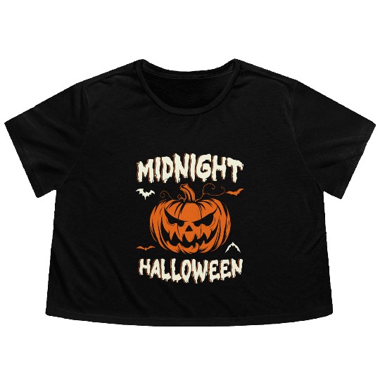 Midnight Halloween Pumpkin Scary Jack-O-Lantern Flowy Cropped Tees