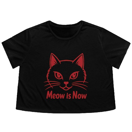 Elegant Cat Face with Bold Red Lines - Meow Is Now Flowy Cropped Tees