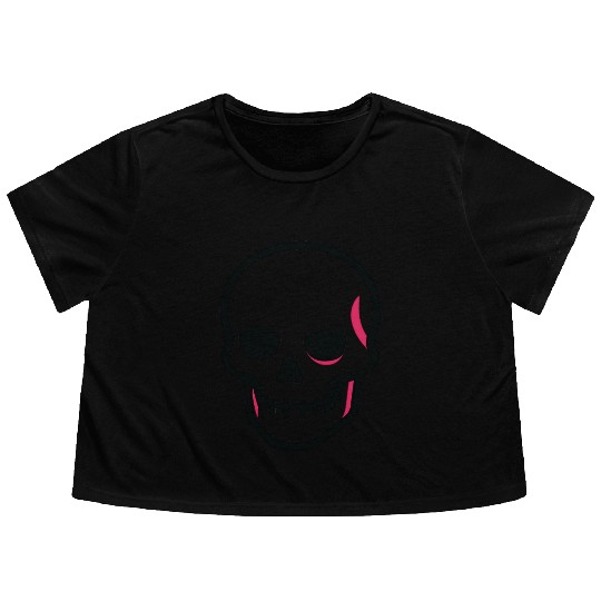Neon Pink Skull Graphic Design Flowy Cropped Tees