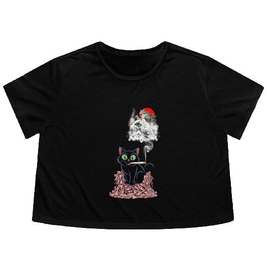 Black Cat Smoking Cigarette Catzilla Flowy Cropped Tees