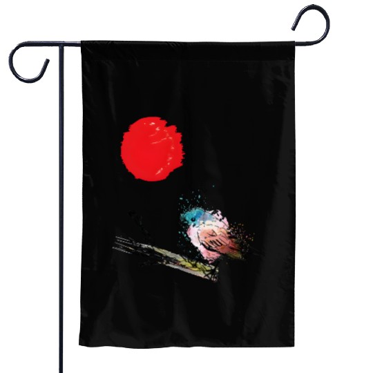 Murakami Birds Red Moon Japenese Garden Flags