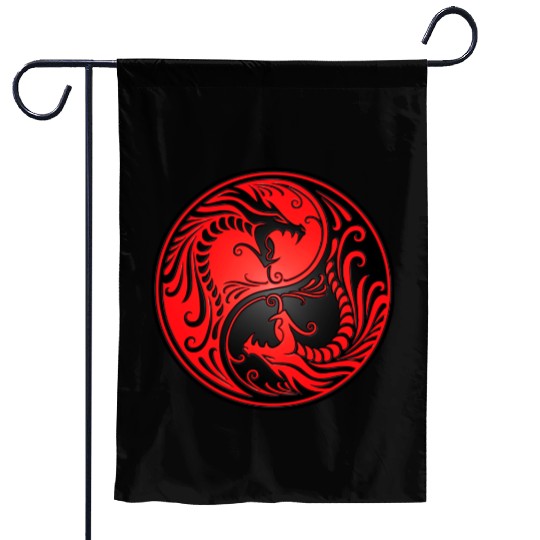 Yin Yang Dragons Red and Black Garden Flags