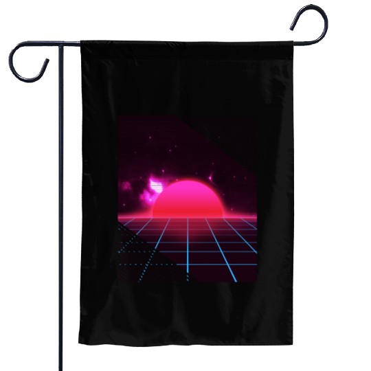 Sundown sunrise Scenery in a Retro 80s 90s Grid Garden Flags