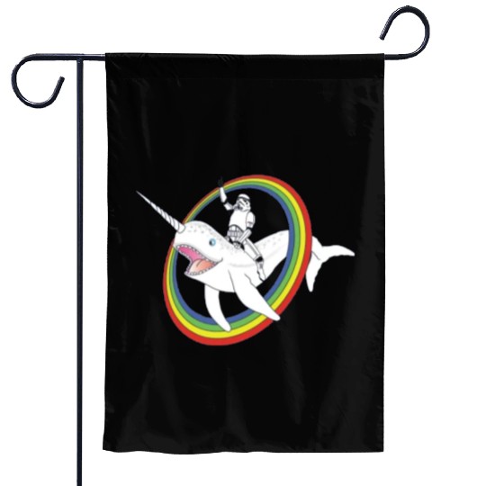 Spaceman riding narwhal through rainbow Garden Flags
