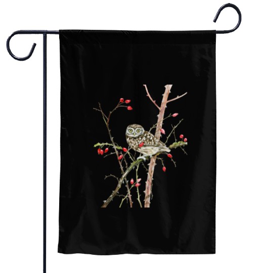 Little Owl On Rosehip - Garden Birds In Spring Garden Flags