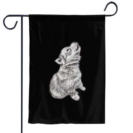 Cute Baby Howling Wolf Cub Sketch Garden Flags