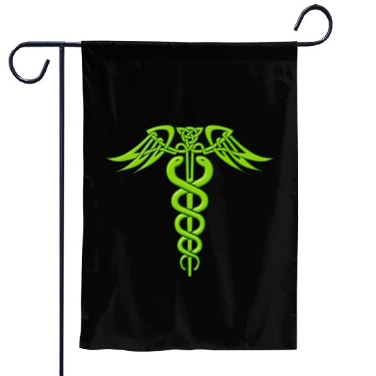 Green Celtic Knot Caduceus Garden Flags