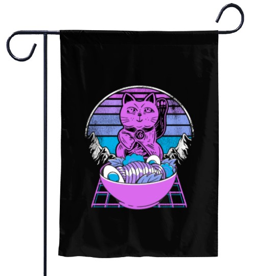 Ramen Maneki Neko Cat Kawaii Retrowave Sunset 80s Garden Flags