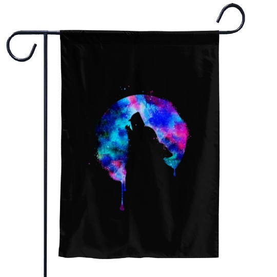 Howling wolf full moon wolves galaxy stars sky Garden Flags