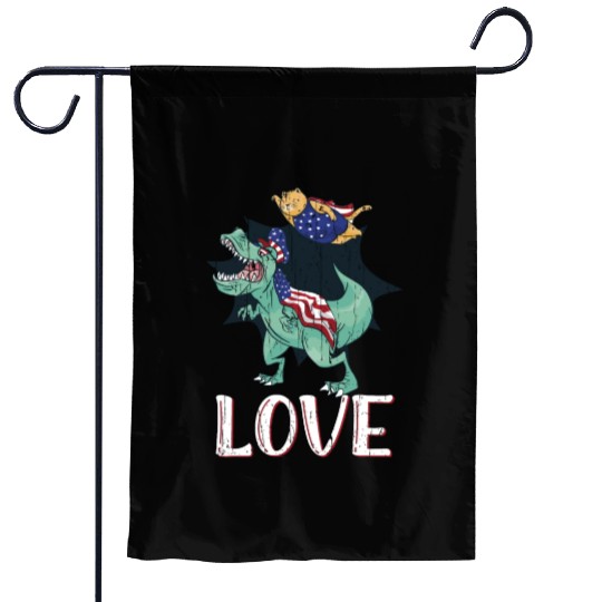 Love America Cat Dinosaur USA Flag 4th Of July Garden Flags