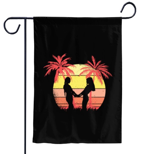 Lesbian Romantic Couple Holding Hands Summer Garden Flags