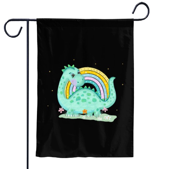 Dinosaur with Rainbow and Flowers Garden Flags