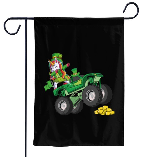 St Patricks Day Unicorn Monster Truck Lucky Girls Garden Flags