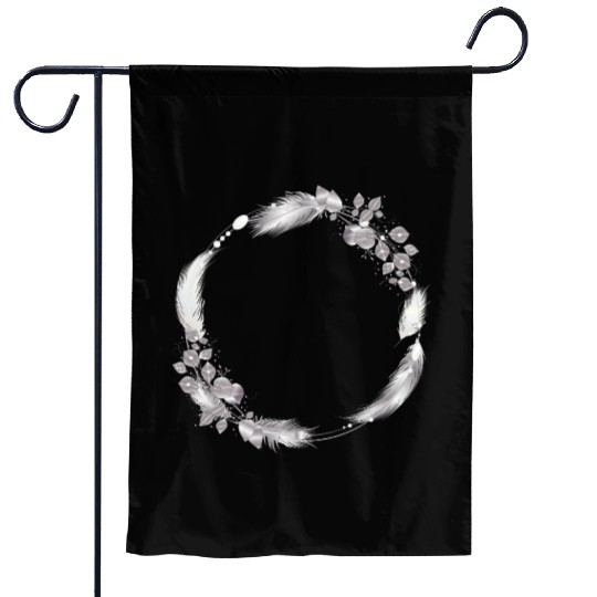 delicate frame of silver colored feathers & leaves Garden Flags