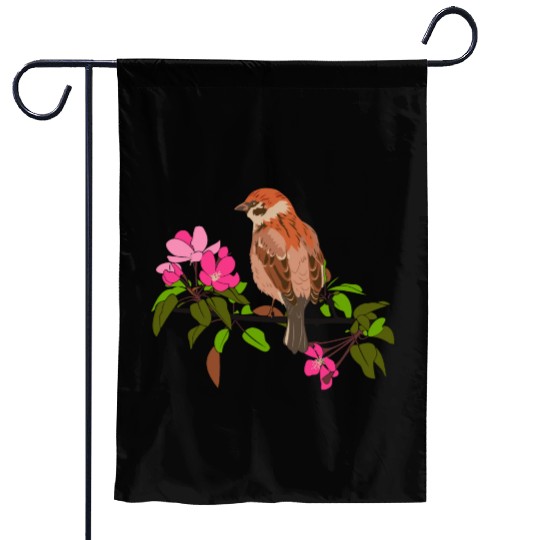 Sparrow on a branch pink flowers of an apple tree Garden Flags
