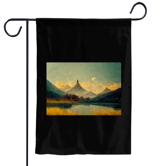 Mountain Lake Golden Landscape Painting Garden Flags