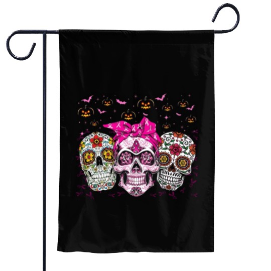Sugar Skull In October We Wear Pink Breast Cancer Garden Flags