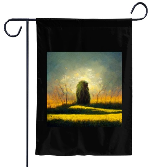 Lion meditate on sunrise, painting Garden Flags