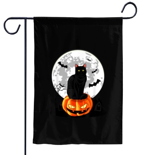 Black Cat On Pumpkin Garden Flags Full Moon Halloween