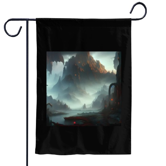 Misty Mountains in a Fantasy Scene Garden Flags