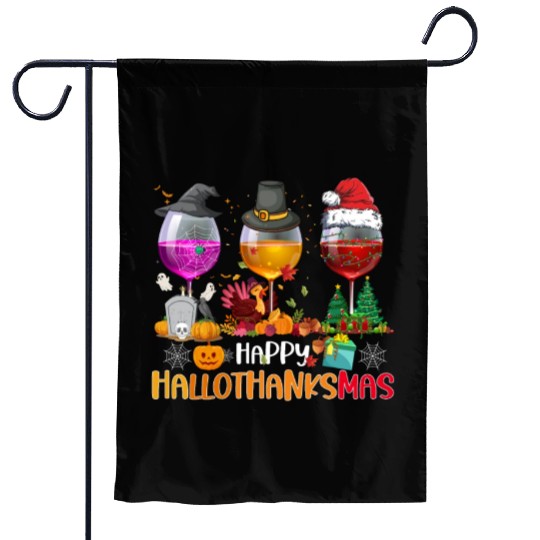 Wine Glasses Witch Santa hat Happy Hallothanksmas Garden Flags