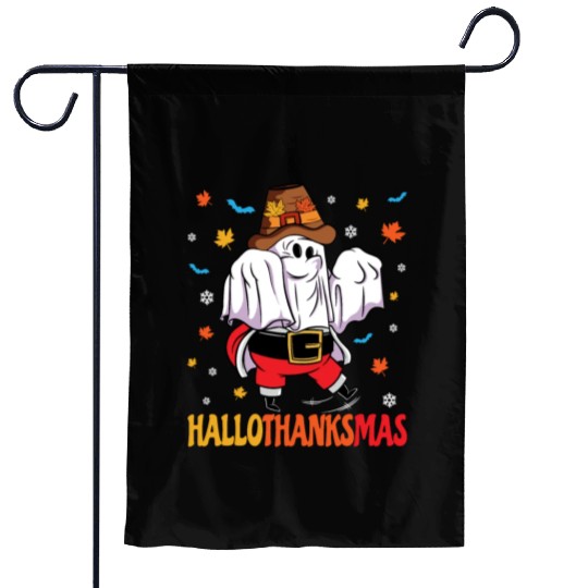 Happy Hallothanksmas Halloween Thanksgiving Santa Garden Flags