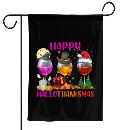 Happy Hallothanksmas Wine Lover Halloween Thankful Garden Flags