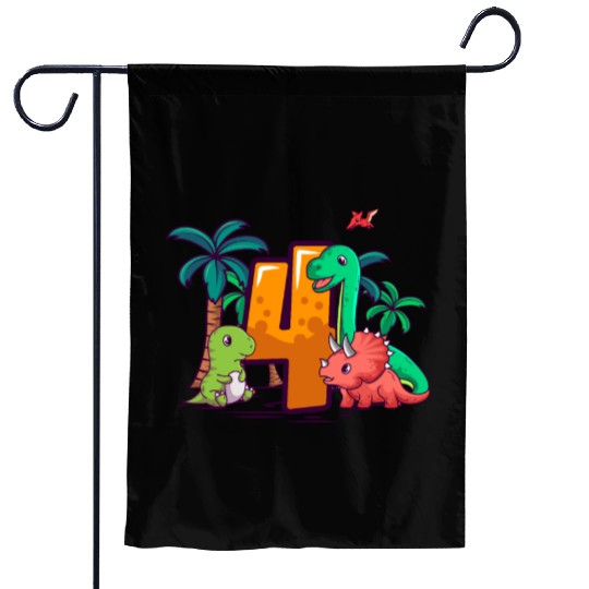 4th Birthday Trex Triceratops Dinosaur 4 Year Garden Flags