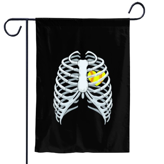 Funny Softbal Heart Skeleton Rib Cage Halloween Garden Flags