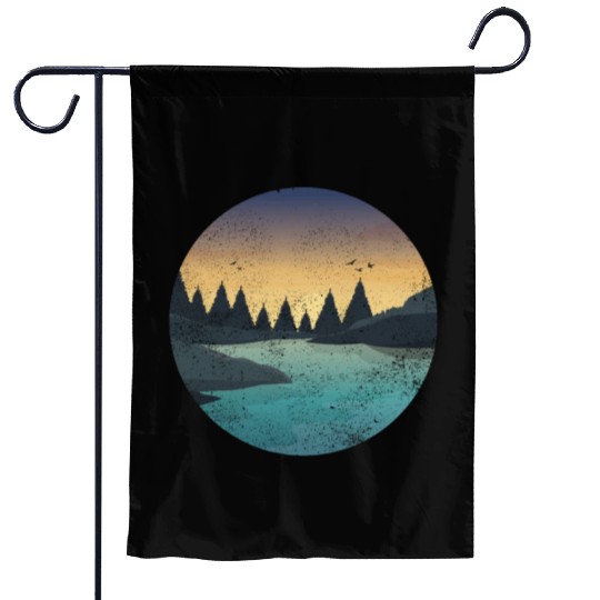 Retro River With Forest And Birds In The Sunset Garden Flags